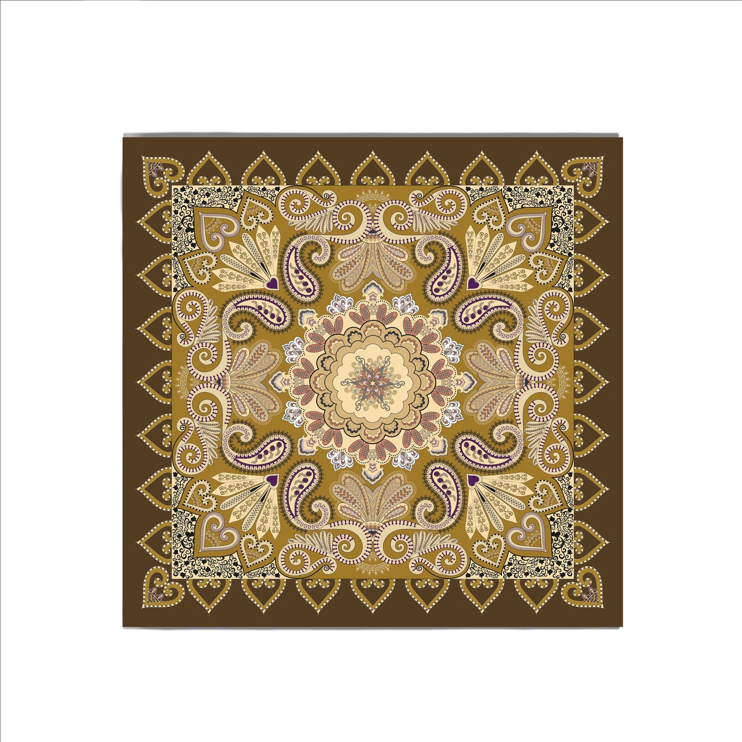 Decorative brown fabric with intricate paisley pattern on a white background