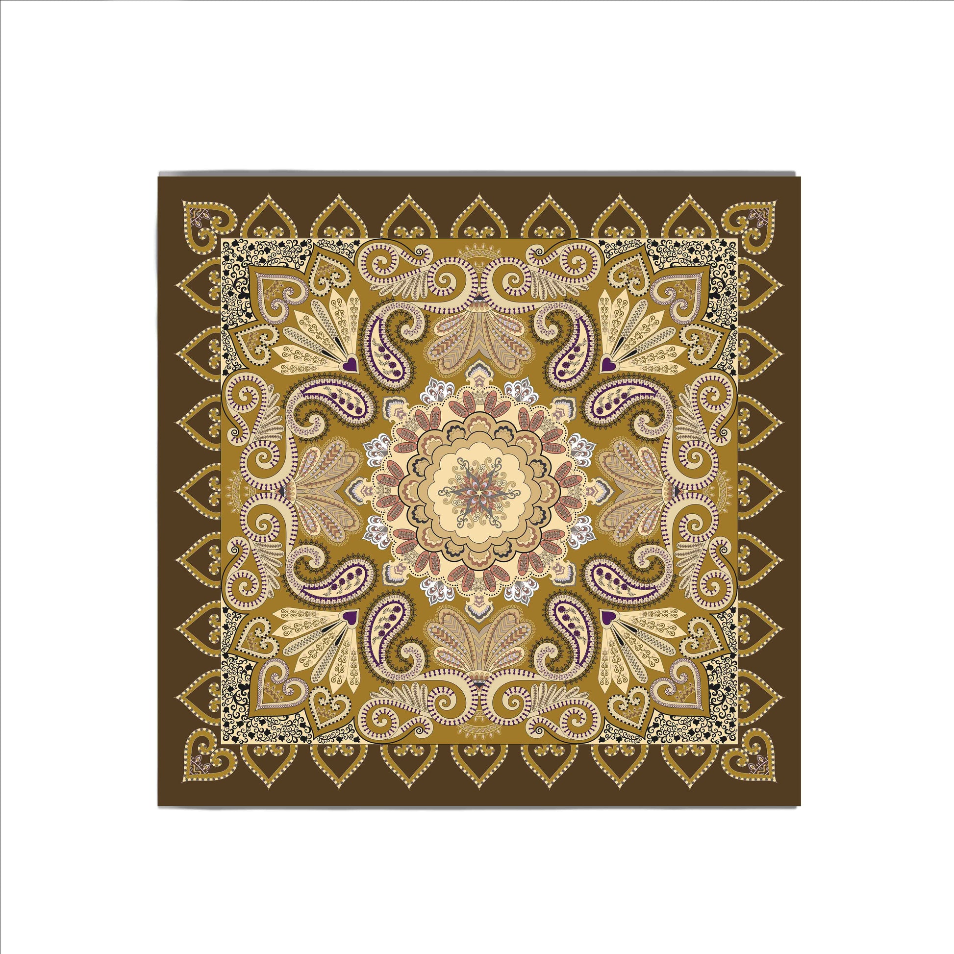 Decorative brown fabric with intricate paisley pattern on a white background