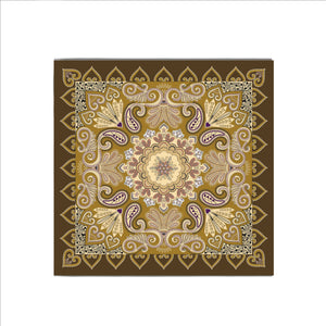 Decorative brown fabric with intricate paisley pattern on a white background