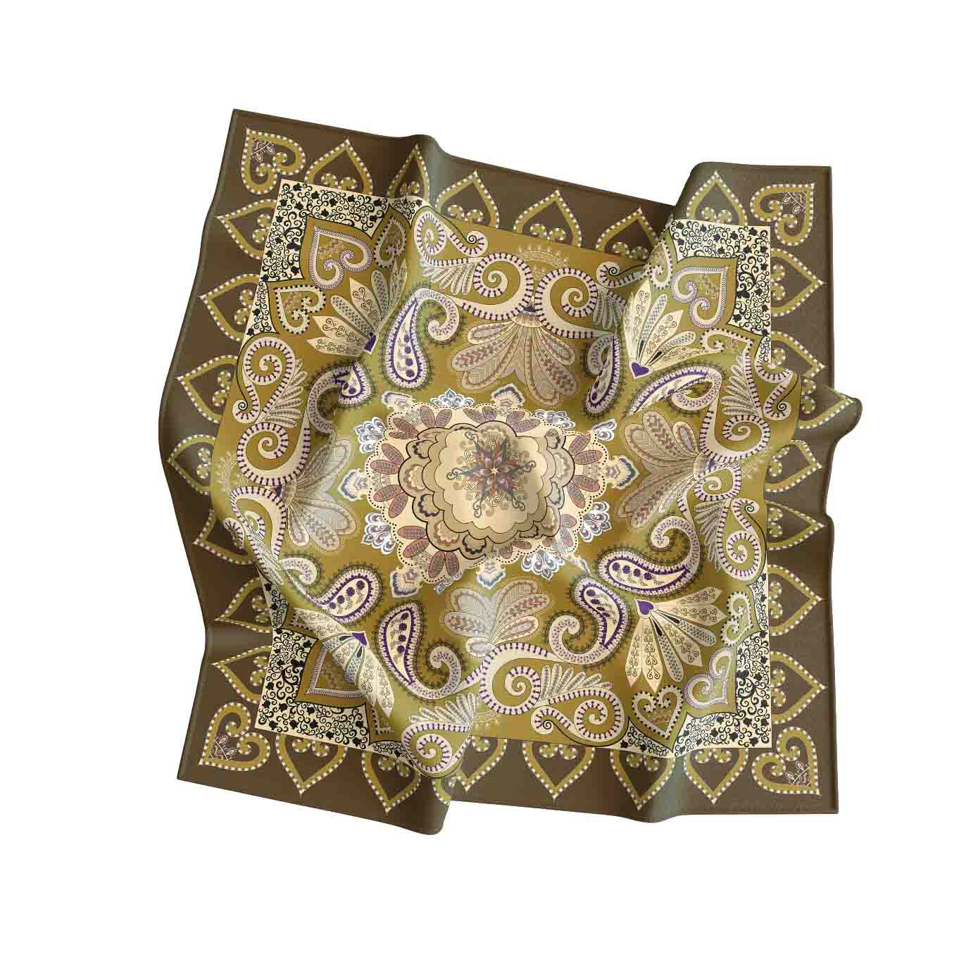 Decorative folded fabric with intricate paisley pattern on a white background