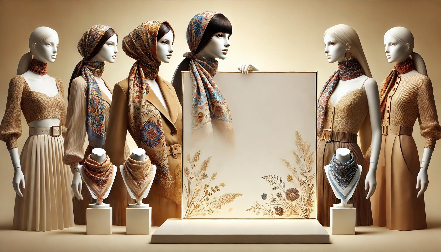 Mannequins wearing brown outfits with patterned scarves in front of a floral painting.