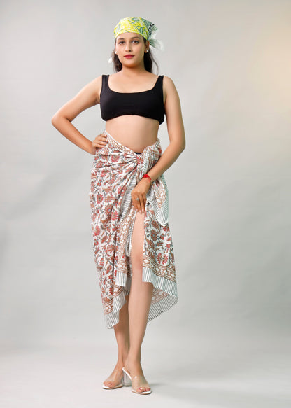 Hand Block Printed Cotton Scarf, Lightweight Sarong, Boho Summer Beach Cover Up, Artisan Handcrafted Pareo Wrap, Gift For Her