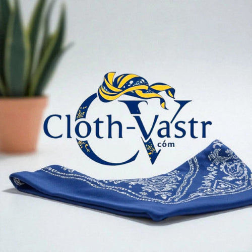 Blue bandana with white patterns on a white surface, featuring the 'Cloth-Vastr' logo.